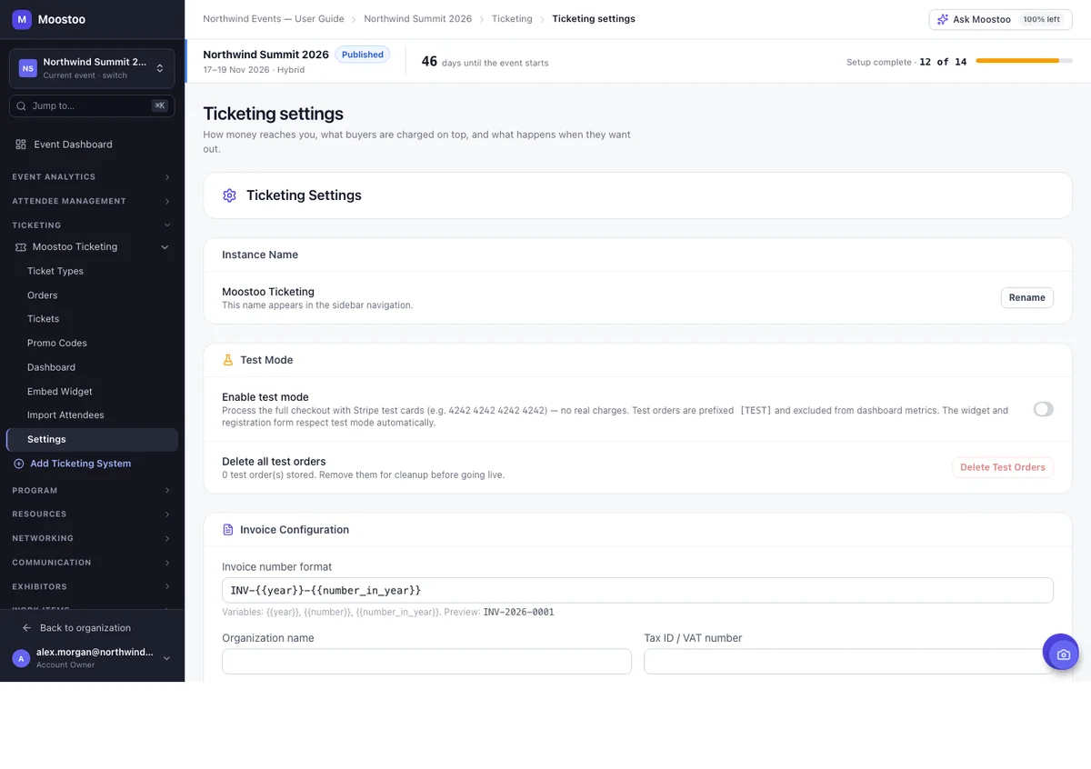 Ticketing Settings with Instance Name, Test Mode, Invoice Configuration, Tax Types and the Danger Zone