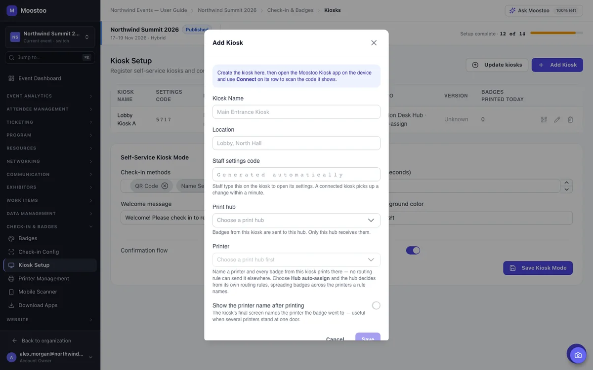 The Add Kiosk dialog with name, location, staff settings code, print hub and printer fields