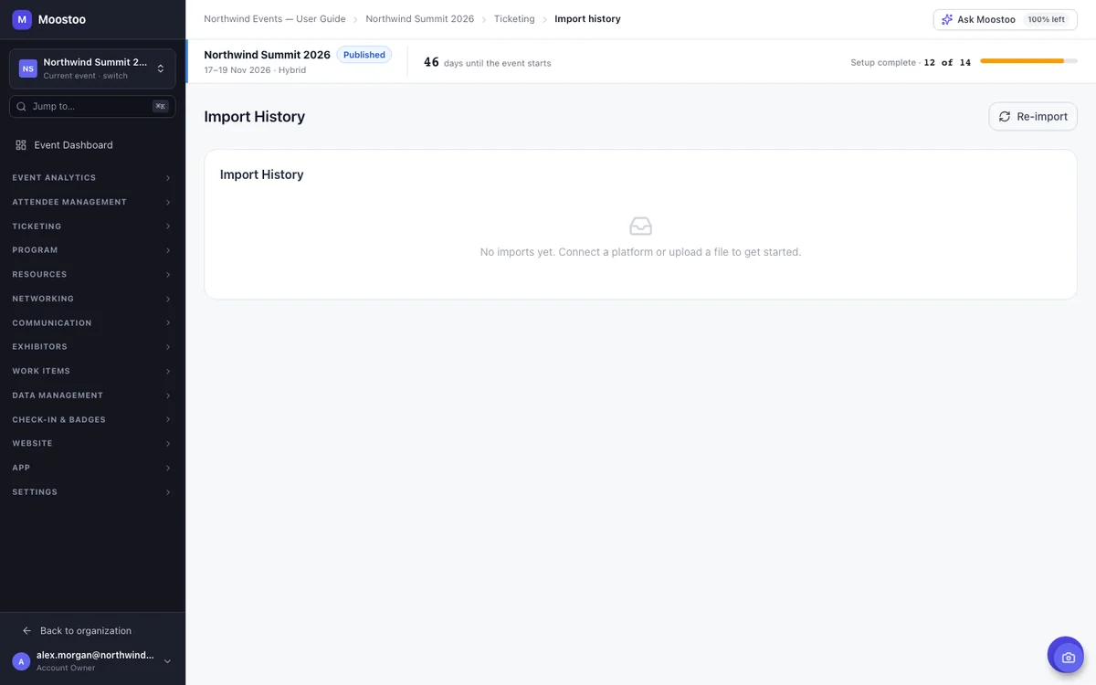 Import History with the Re-import button, the run panel and the table of imported tickets