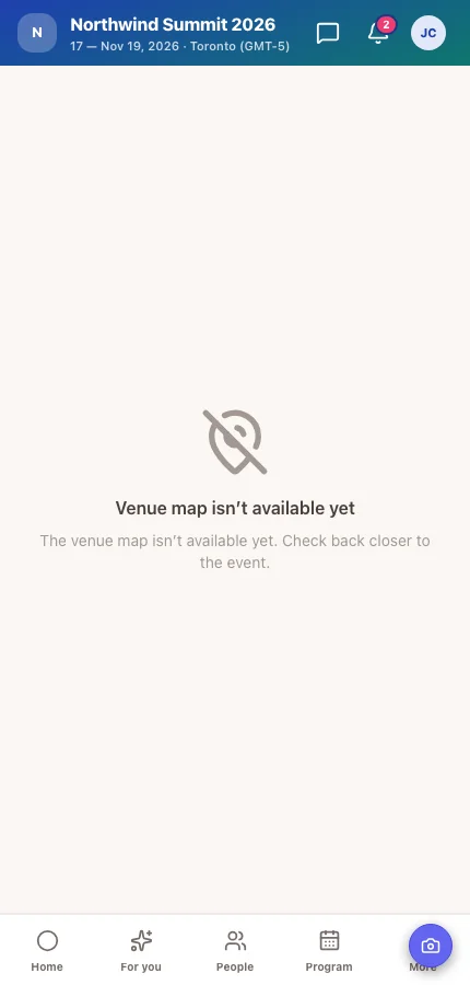 The attendee app's Venue Map screen showing the floor plan with coloured zones and a search field