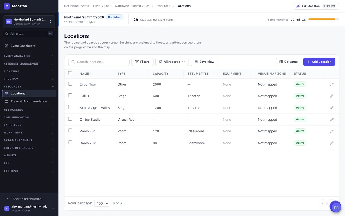 The Locations table for Northwind Summit 2026 listing halls and rooms with type, capacity, setup style, equipment and venue map zone