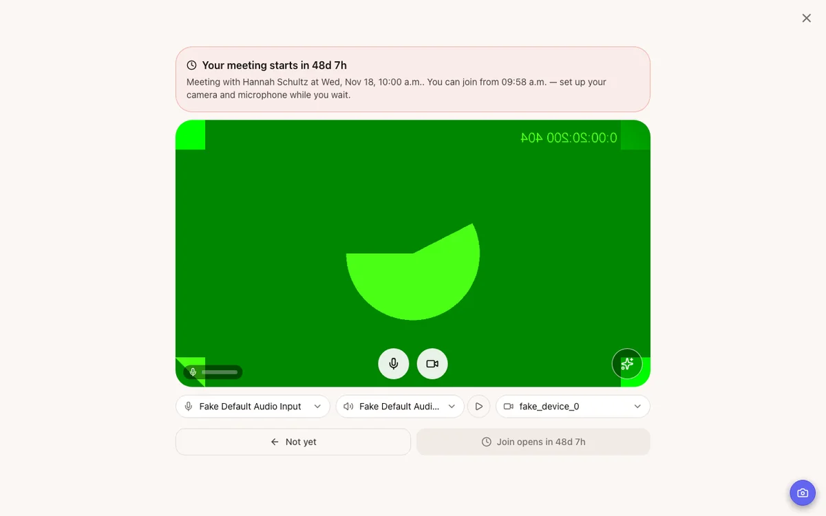The attendee app's waiting room with a camera preview, device choices and a countdown to the meeting