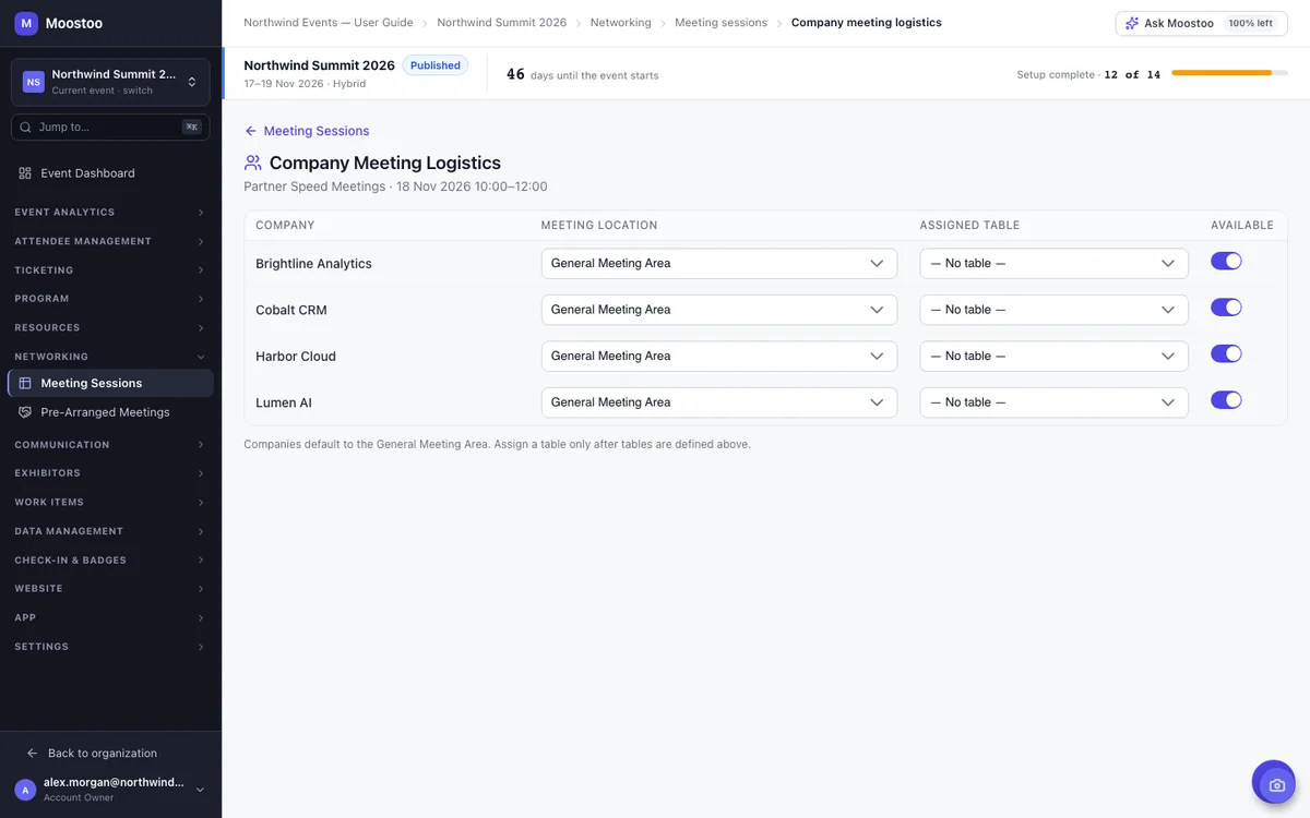 The Company meeting logistics screen listing event companies with meeting location, assigned table and availability
