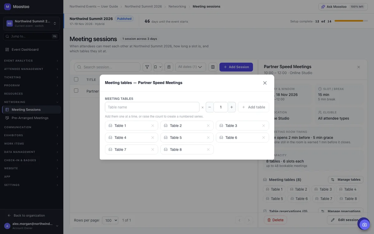 The Manage tables dialog of a meeting session with a name field, a count, and the list of numbered tables
