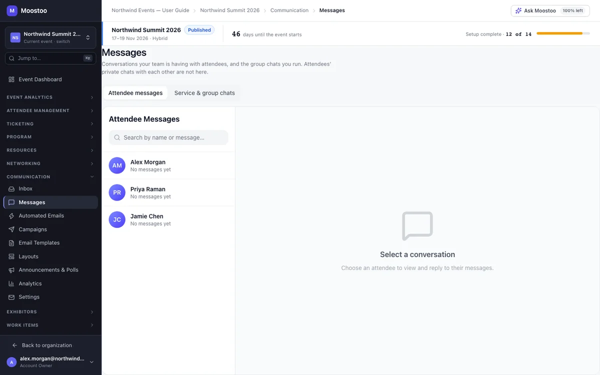 The admin Messages screen listing attendee conversations with the event team and an open thread with a reply box