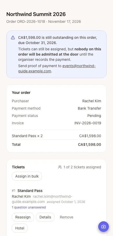 The purchaser's order console showing the order summary and its tickets