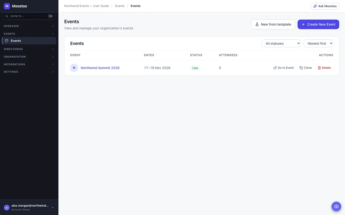 The Events screen listing Northwind Summit 2026 with its dates, status and attendee count, and the New from template and Create New Event buttons