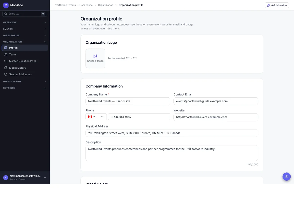 The organization profile with the logo, company information, brand colours and the Data location card