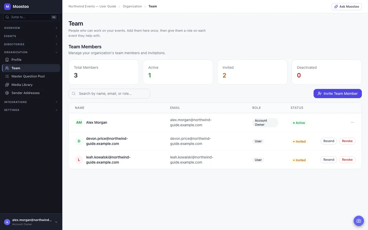 The Team Members table with member counts, a search box and the Invite Team Member button