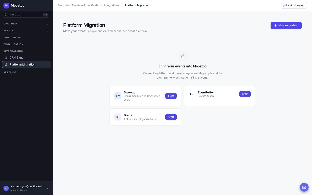 The Platform Migration screen with its run history and the New migration button