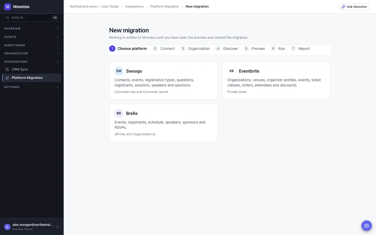 Moostoo New migration screen with Swoogo, Eventbrite and Brella as sources
