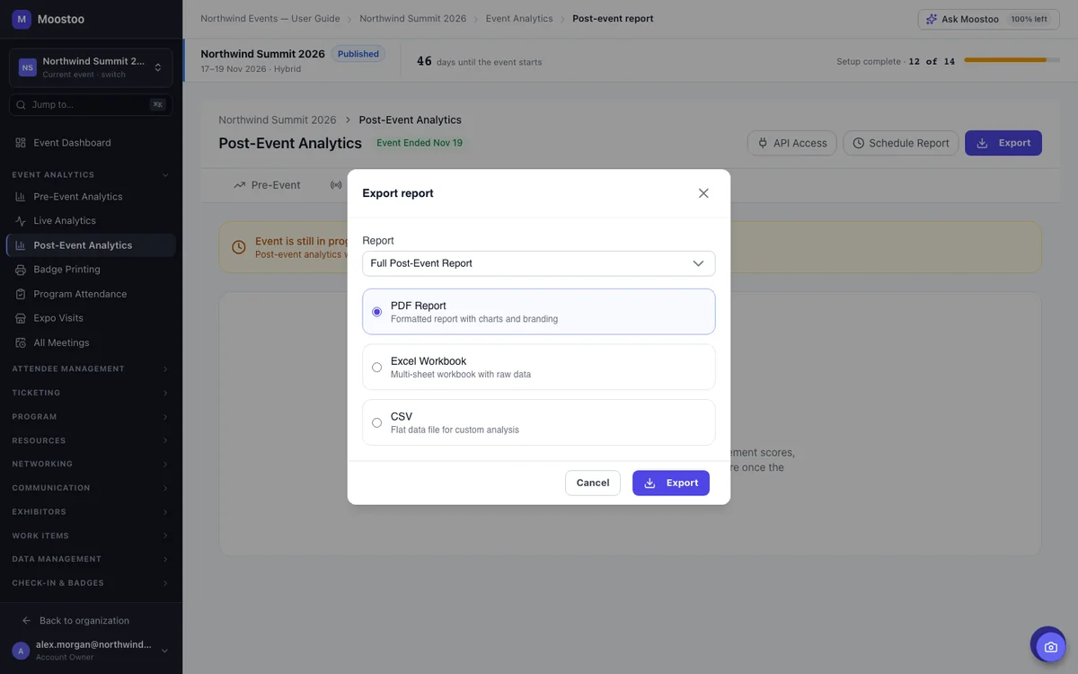 Moostoo Export report dialog with the Full Post-Event Report and PDF, Excel and CSV formats