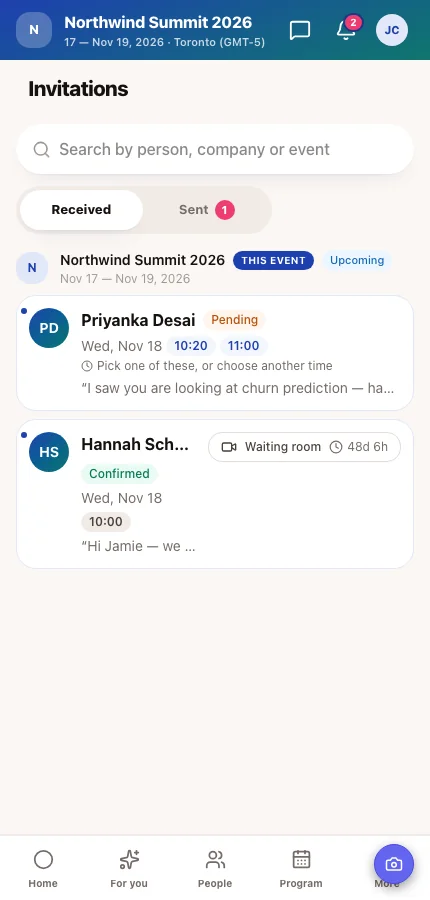 The attendee app's Invitations screen with an invitation marked as sent by the organizer