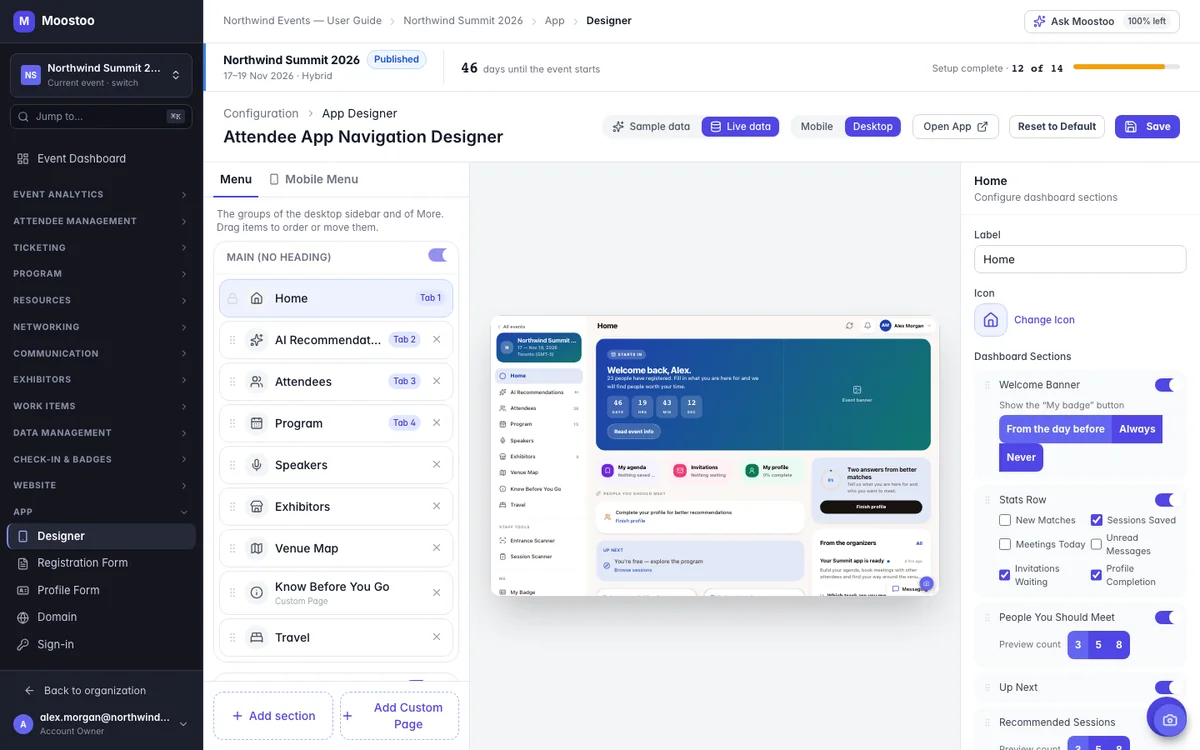 The App Designer preview showing the attendee app in desktop mode with live data