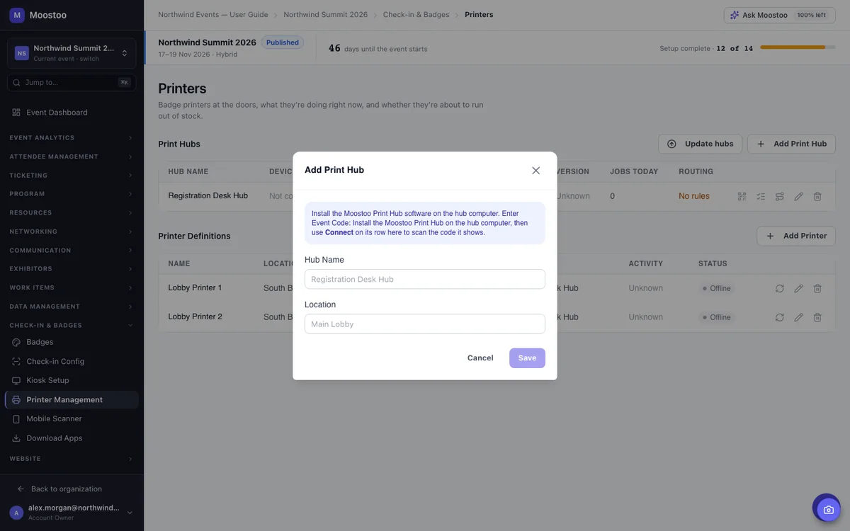 The Add Print Hub dialog with Hub Name and Location fields