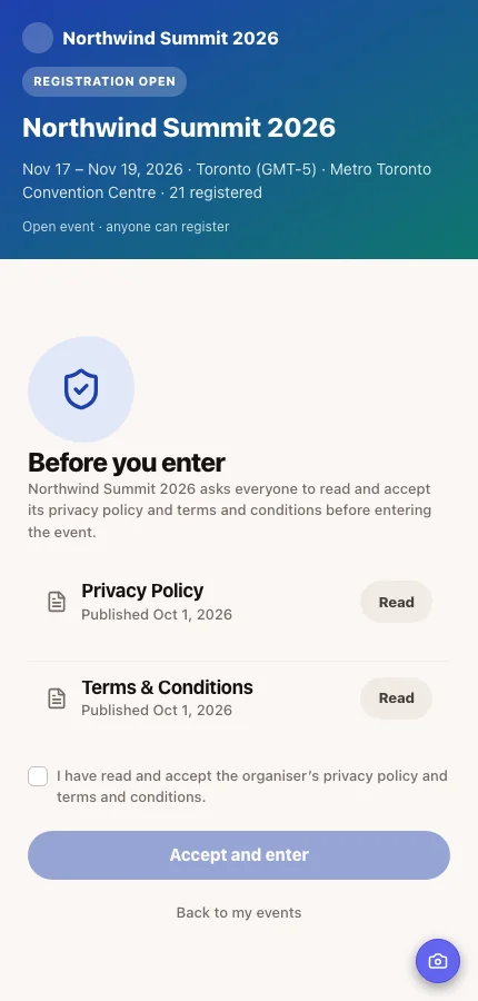 The Before you enter screen for Northwind Summit 2026, listing the Privacy Policy and Terms & Conditions with Read buttons, an unticked acceptance box and an Accept and enter button