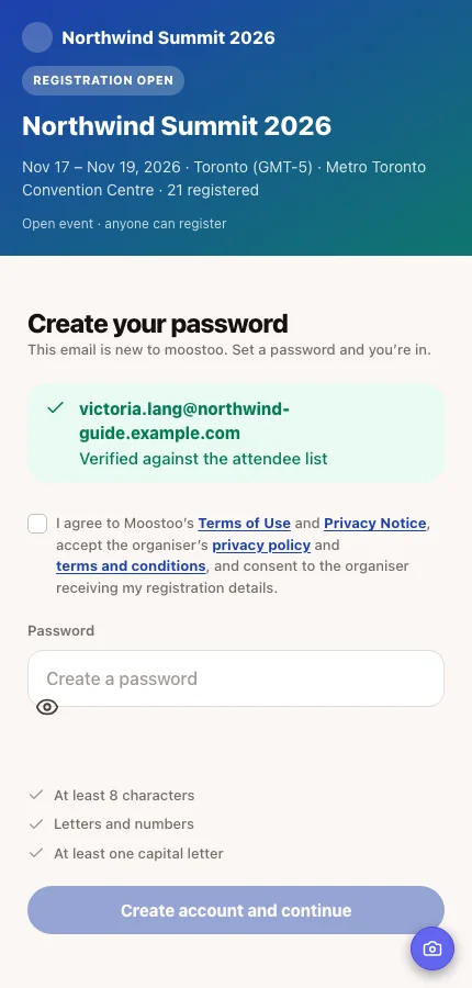 The Create your password step for Northwind Summit 2026, with the unticked consent line naming Moostoo's Terms of Use and Privacy Notice and the organizer's privacy policy and terms and conditions as links