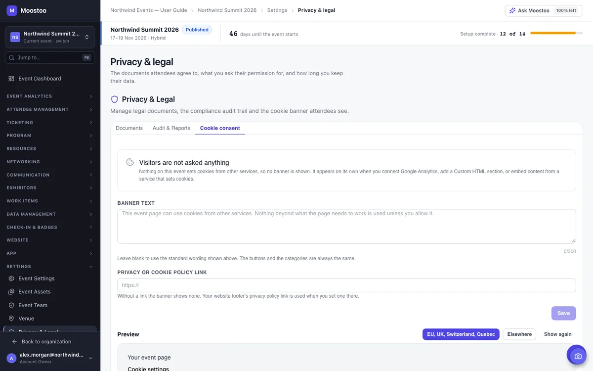 The Cookie consent tab listing what makes visitors be asked, the banner text and policy link fields, and a preview of the cookie banner