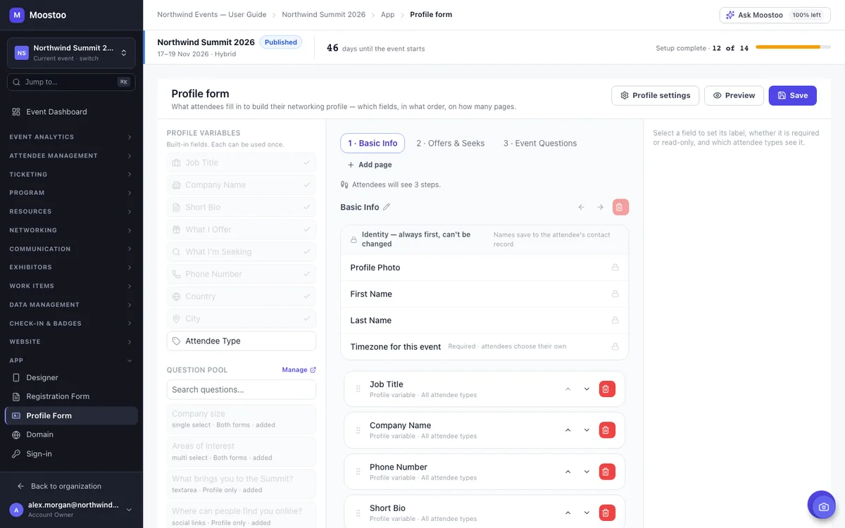 The Profile Form builder with the palette of profile variables and questions, the canvas showing the identity block and fields on page 1, and page tabs