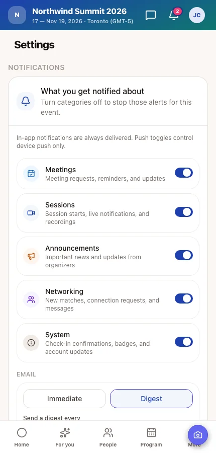 The attendee app's Settings screen with the Show my profile to other attendees switch