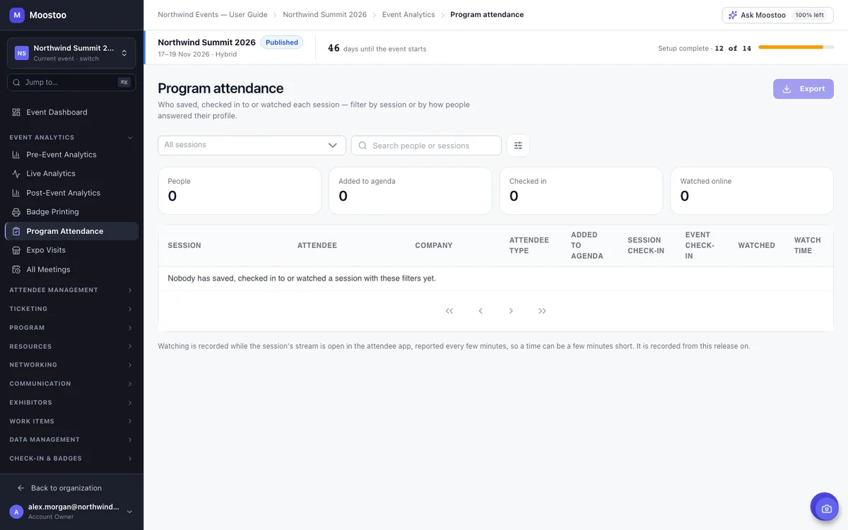 The Program Attendance report with the session filter, the profile answer filter and one row per person and session with Added to agenda, Session check-in, Event check-in, Watched and Watch time columns