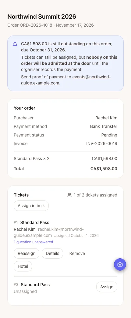 Purchaser order page on a phone showing the order summary and tickets to assign