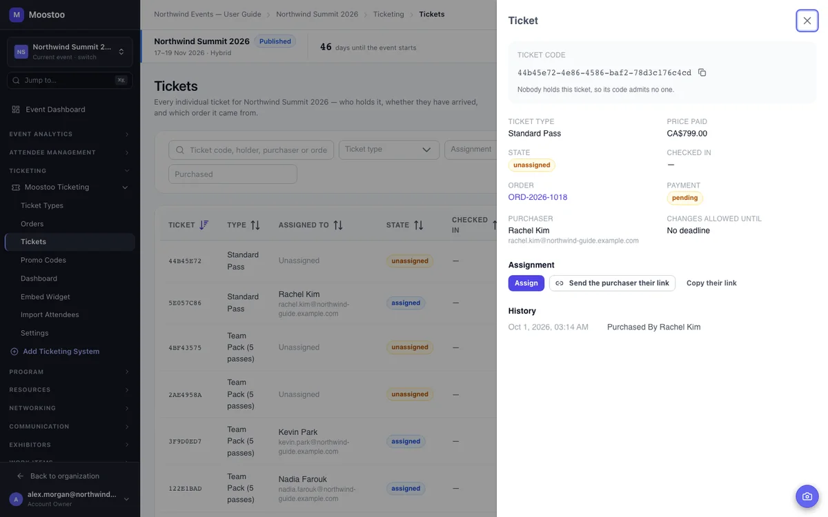 A ticket's drawer in the admin app with Assign, Send the purchaser their link and Copy their link