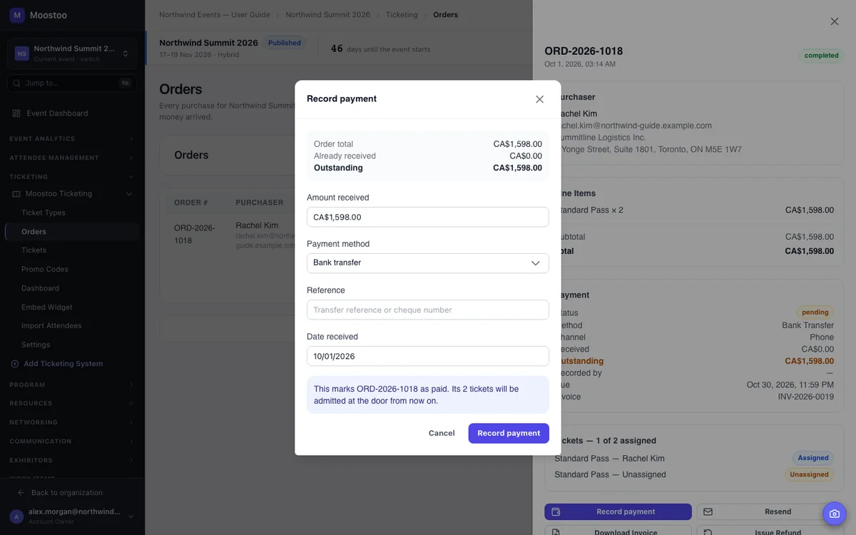 The Record payment dialog showing the order total, amount already received, outstanding balance, amount, method, reference, date received and the consequence of recording