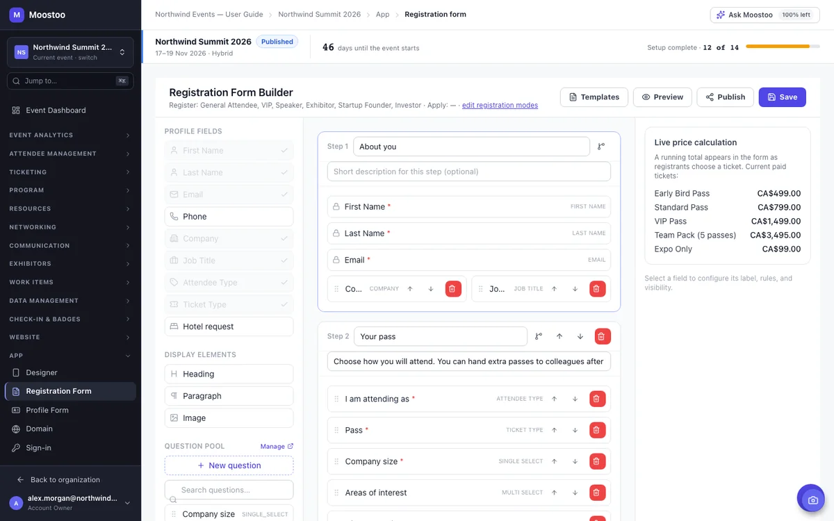Moostoo registration form builder with profile fields, form steps and the live price calculation