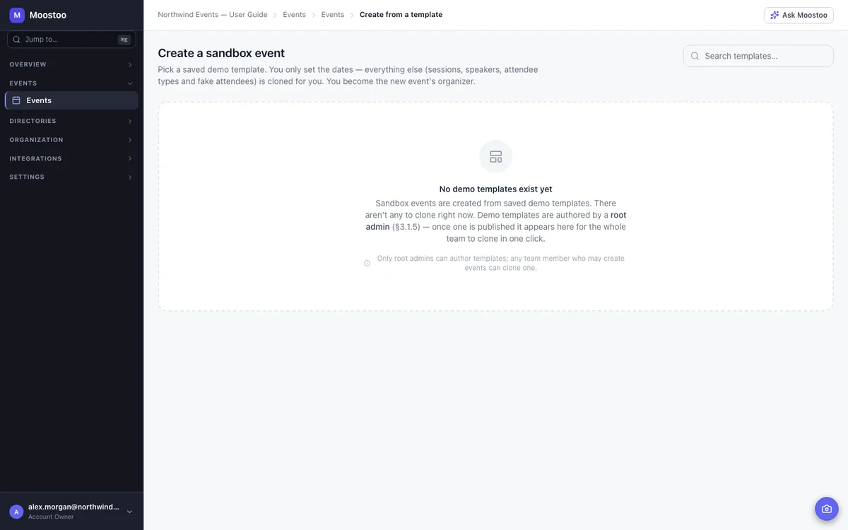 Create a sandbox event: a grid of demo templates, each with its length and counts of fake attendees, sessions, speakers and attendee types