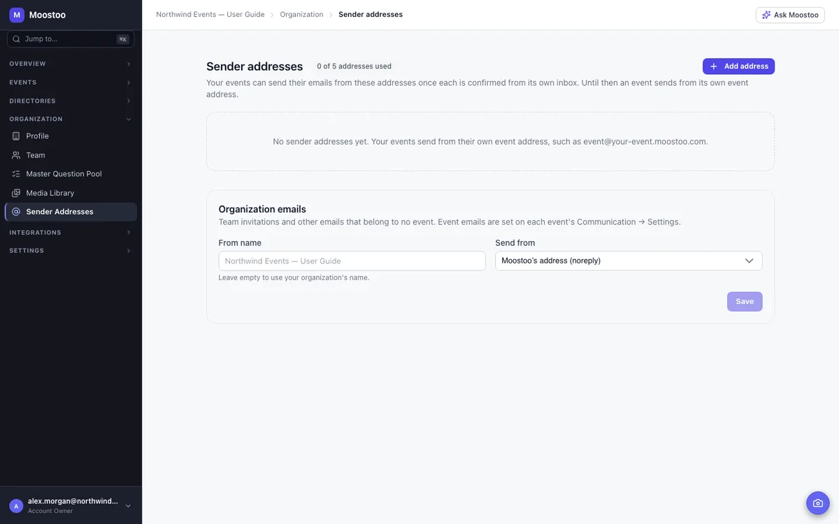 Sender Addresses with a list of addresses, their status and the events using them, and the Organization emails card