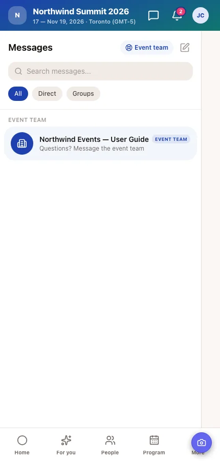 The attendee app's Messages screen where attendees talk to the event team and service providers