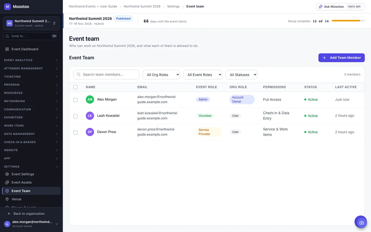 The Event Team screen with a member whose event role is Service Provider and the fixed permissions panel