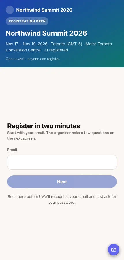 The attendee app's sign-in screen for Northwind Summit 2026 with the email field and provider buttons