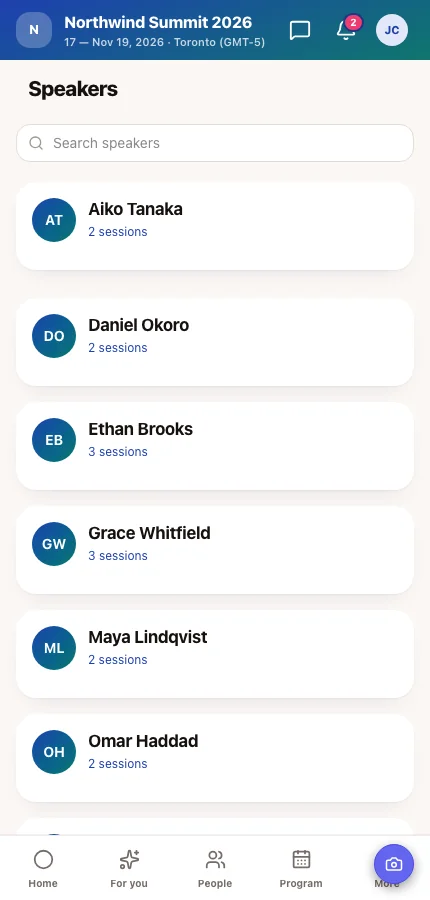 The Moostoo attendee app Speakers screen listing speakers and their number of sessions