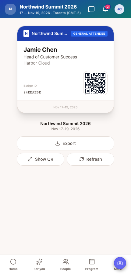 An attendee badge in the Moostoo app for a ticket imported from another ticketing platform