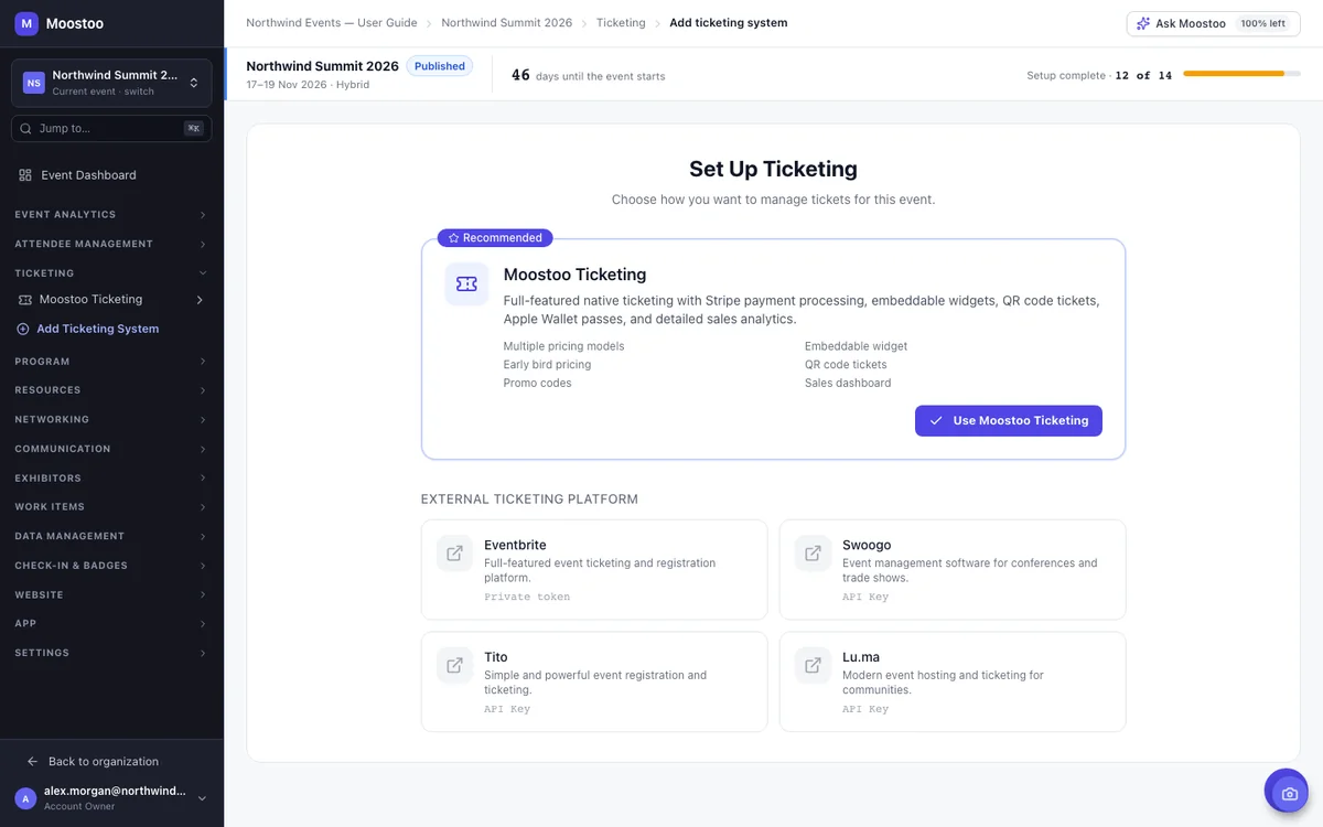 Moostoo Set Up Ticketing screen with Moostoo Ticketing and the Eventbrite, Swoogo, Tito and Lu.ma options