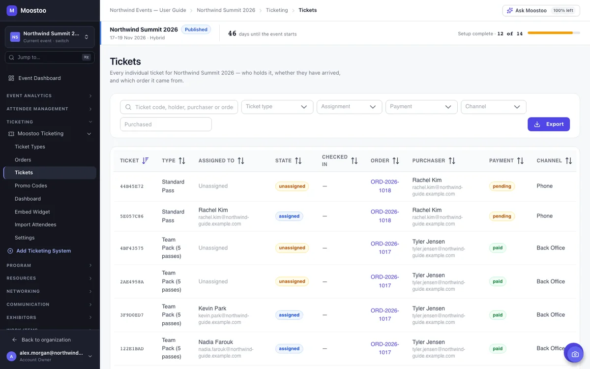 The Tickets list with ticket code, type, holder, state, check-in, order, purchaser, payment and channel, and filters above it