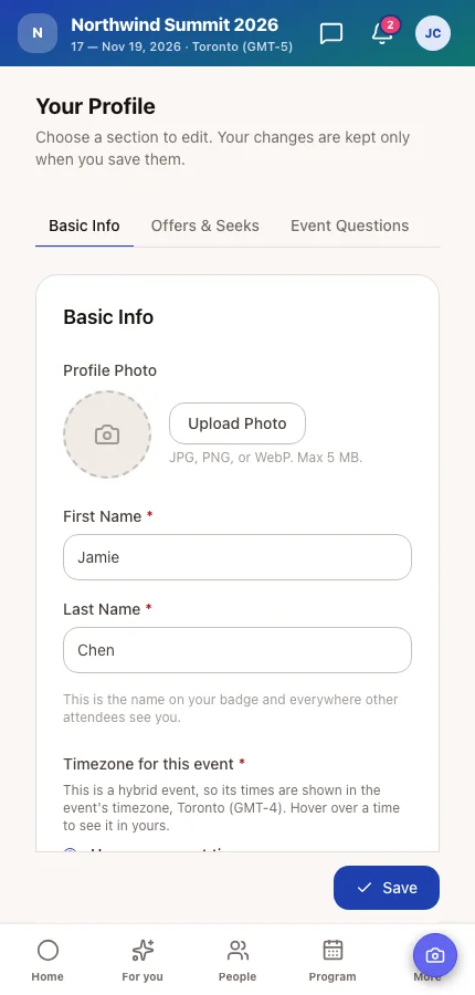 Page 1 of the attendee's profile showing the Timezone for this event setting