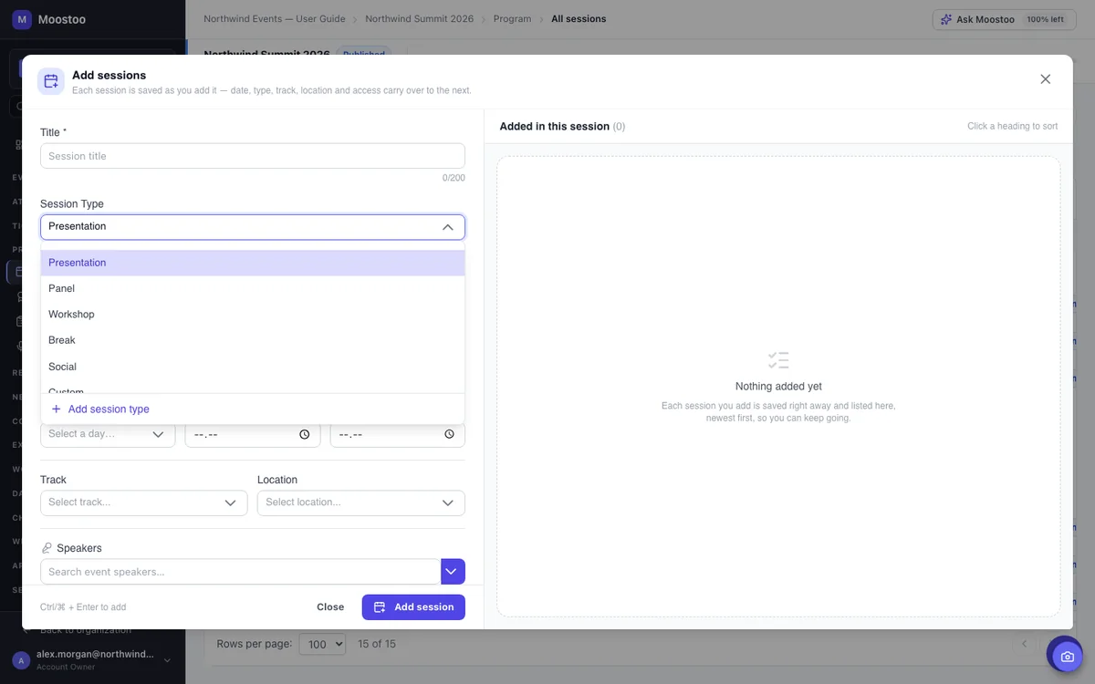 Adding a session in Moostoo with the Session Type picker open: Presentation, Panel, Workshop, Break and Social