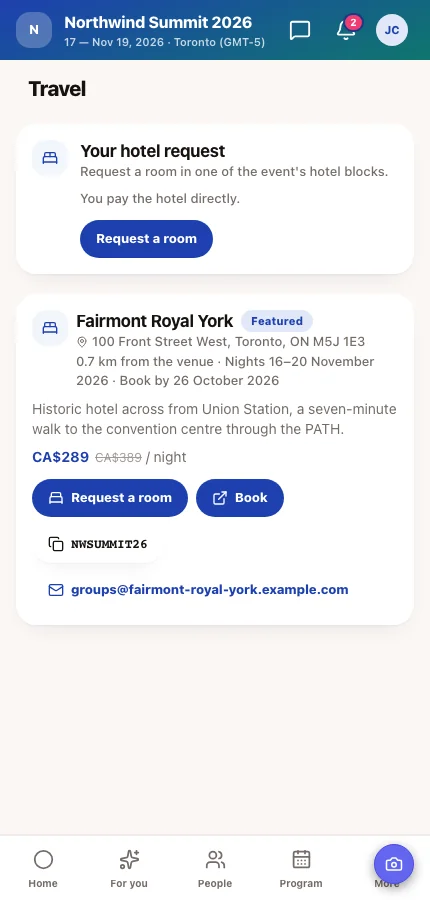 The attendee app's Travel screen listing hotel deals with rates and a Book button