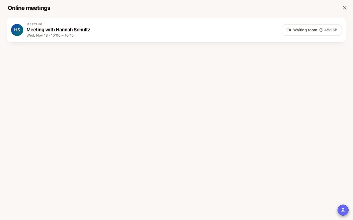 The attendee app's Online meetings screen listing upcoming online meetings with their Join buttons