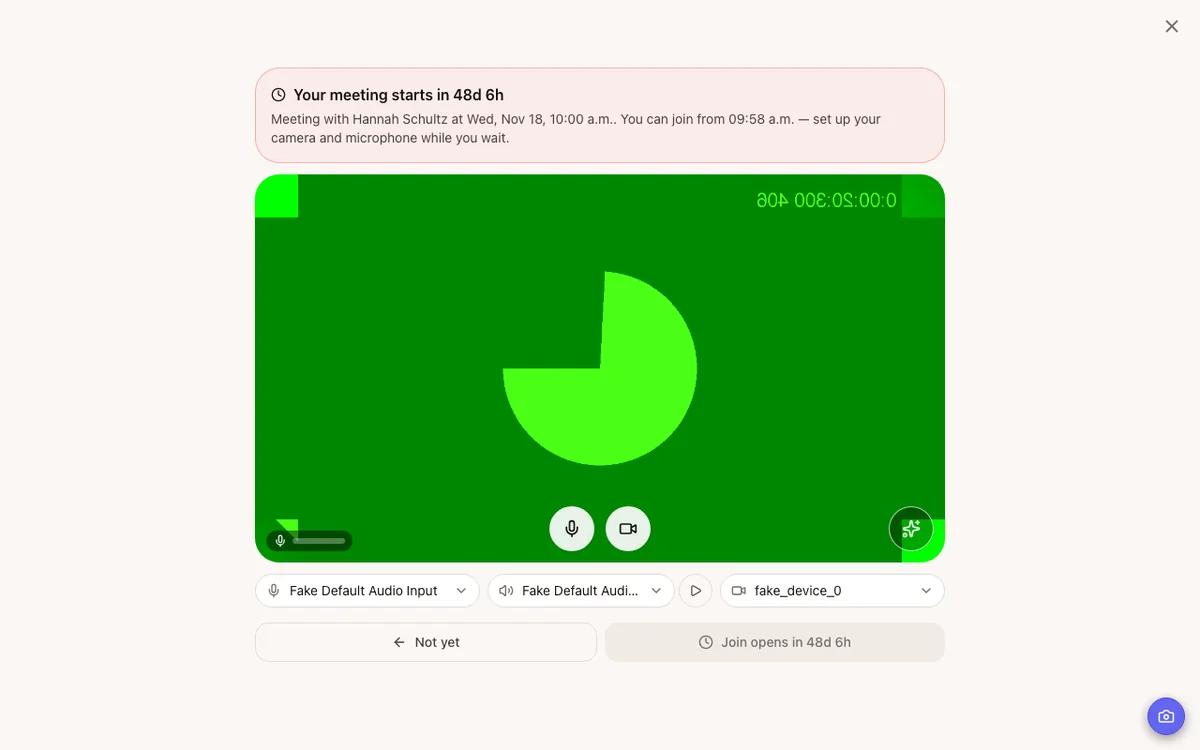 The waiting room with camera preview, microphone and camera toggles, device selectors and the Backgrounds and effects button