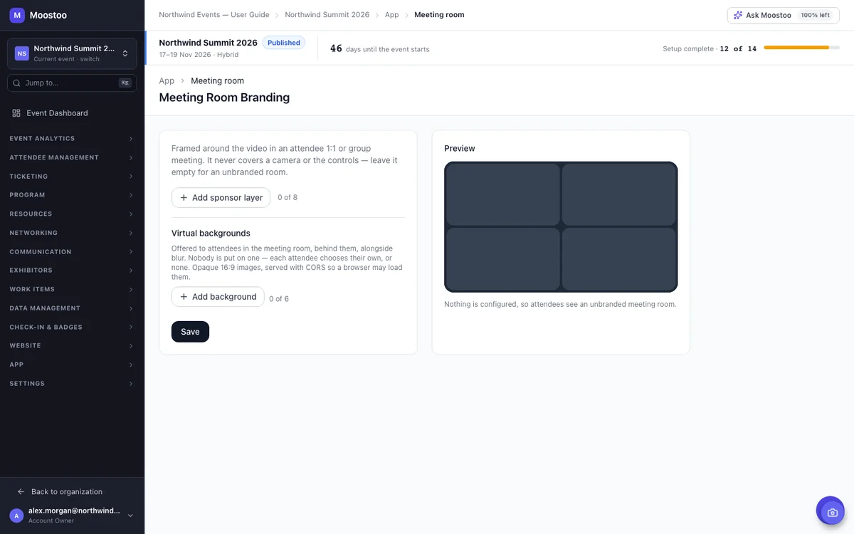 The App → Meeting room screen where the event-wide meeting frame and backgrounds are set
