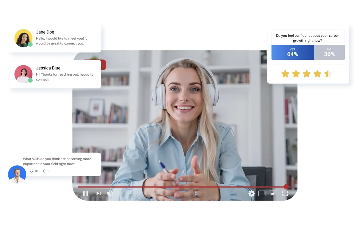 Live-streamed virtual session in the Moostoo app with attendee chat, questions and a poll