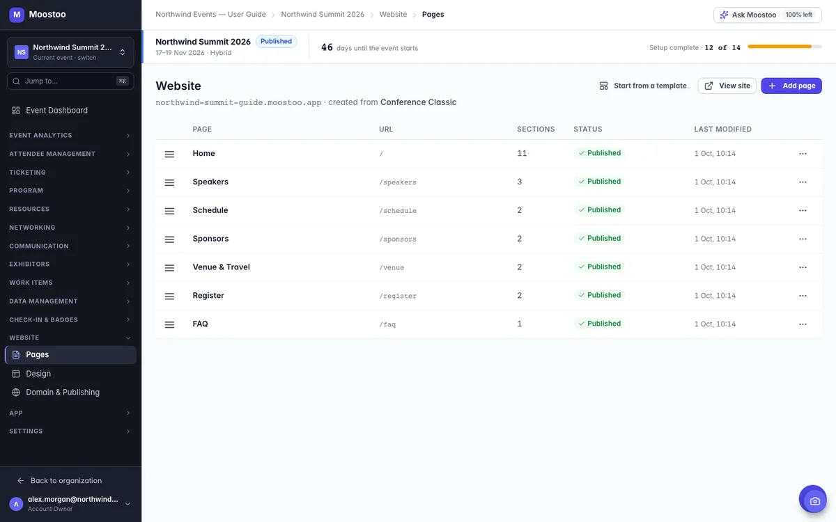 Moostoo website Pages list showing each page's address, sections, Published status and last change