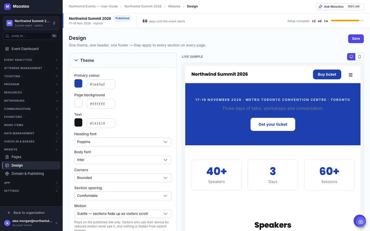 Moostoo website Design screen with theme colors, fonts, corners and a live sample of the site