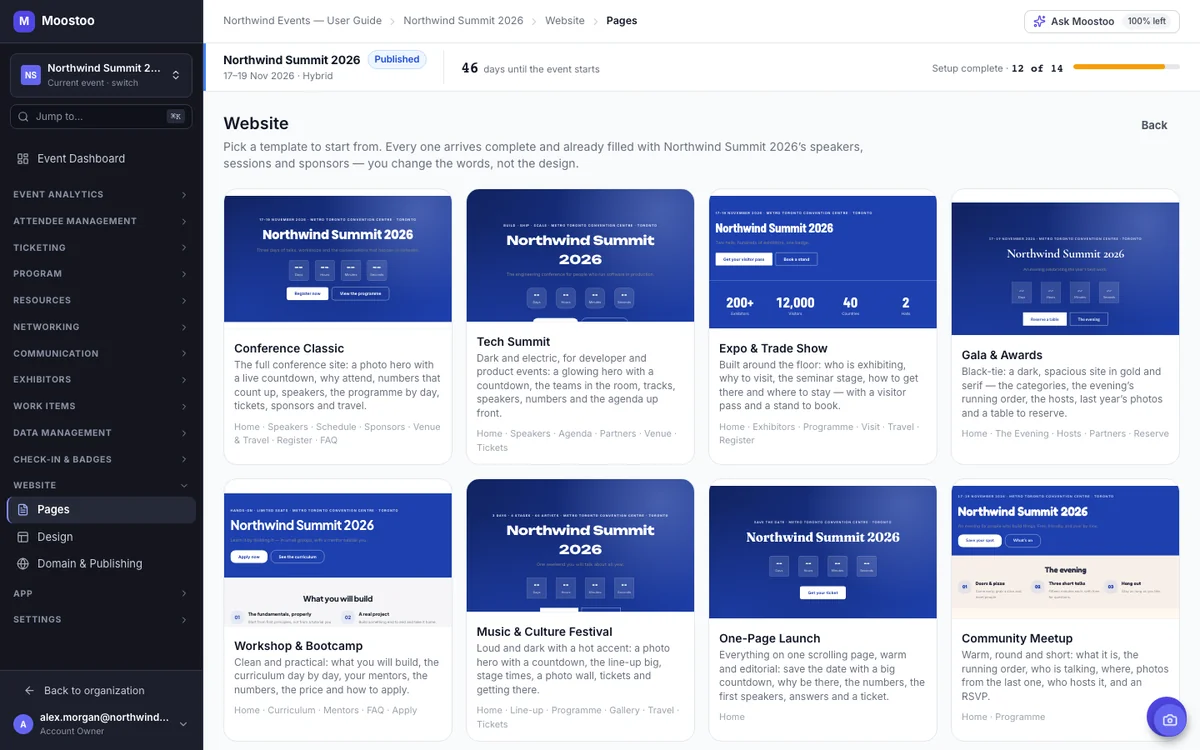 Moostoo website template gallery with eight templates previewed with the event's own name and speakers