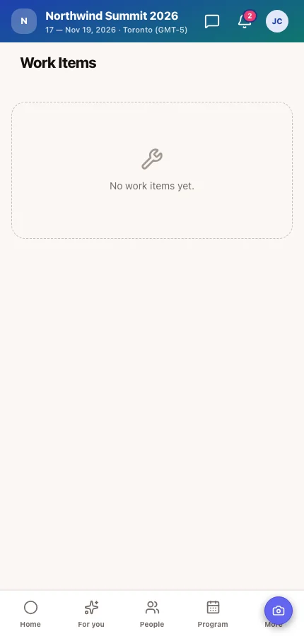 The attendee app's Work Items screen showing a work item with its type and fee