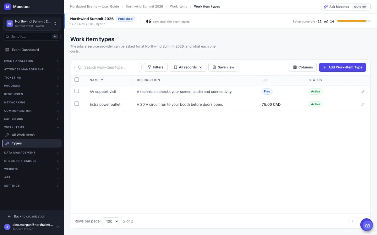 Work item types table with names, descriptions, fees and status